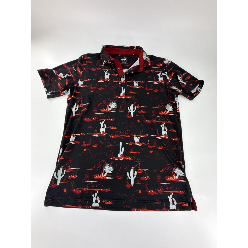 Puma Men’s Size M MATTR Bushlan UPF 40 Black Cactus Desert Theme Golf Polo